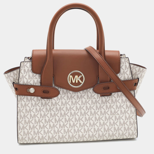 Michael Kors White/Tan Signature Coated Canvas and Leather Carmen Satchel