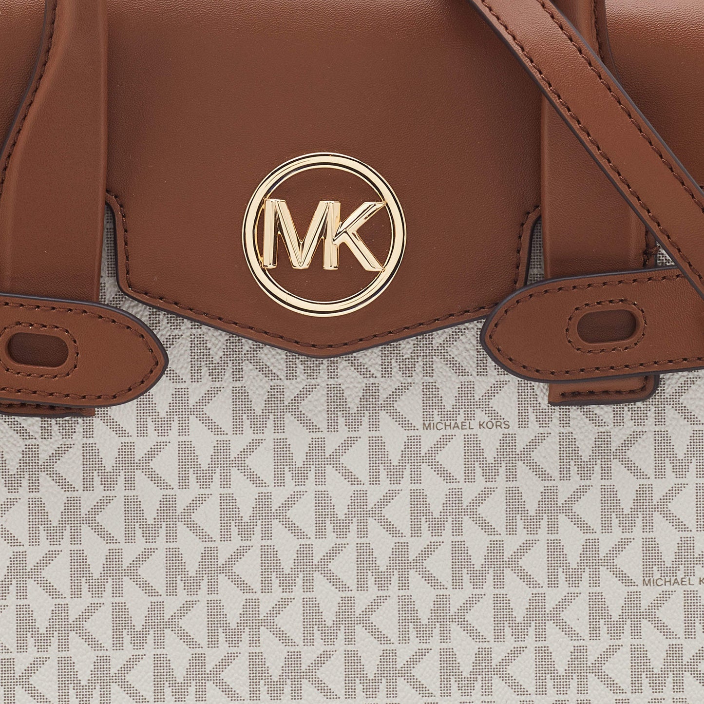 Michael Kors White/Tan Signature Coated Canvas and Leather Carmen Satchel