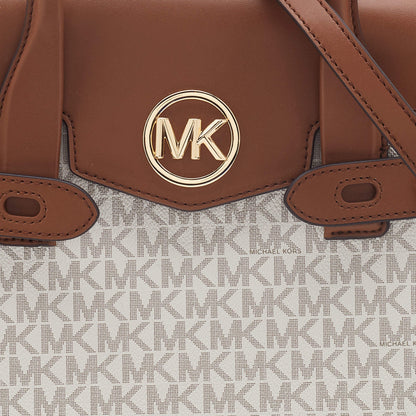 Michael Kors White/Tan Signature Coated Canvas and Leather Carmen Satchel