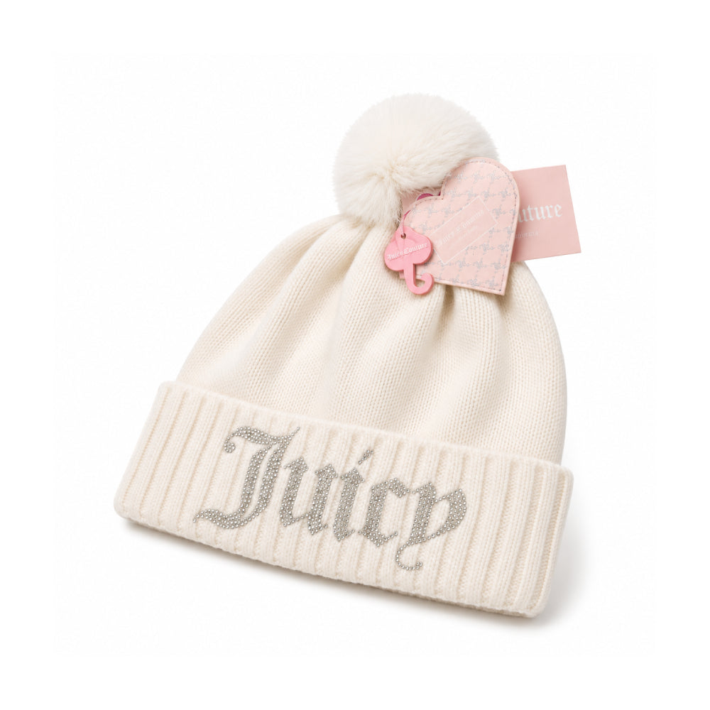 Juicy Couture Knit Beanie In White Baby Pink