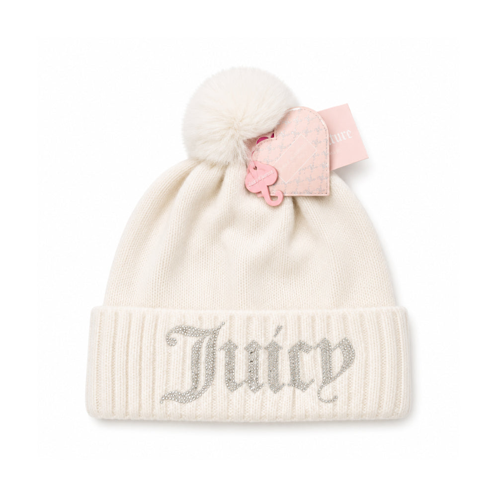 Juicy Couture Knit Beanie In White Baby Pink