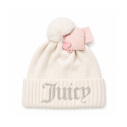 Juicy Couture Knit Beanie In White Baby Pink