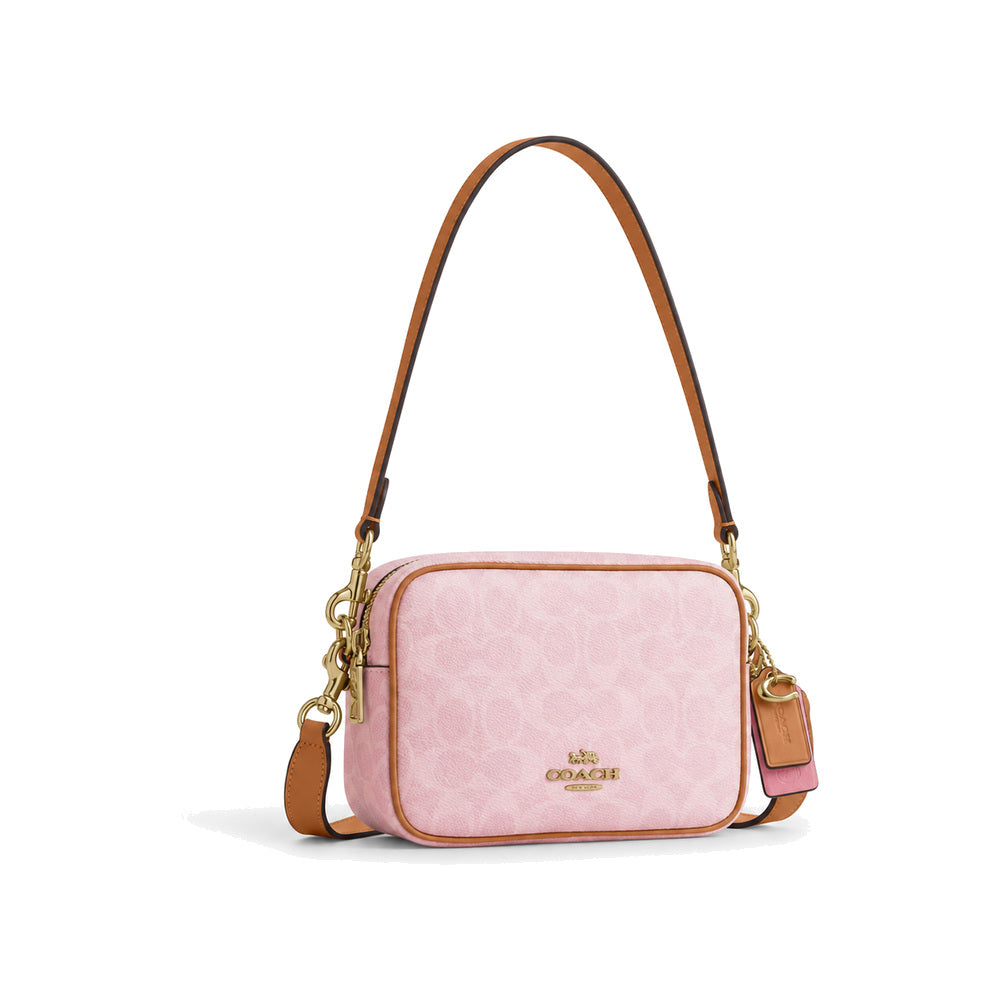 Coach Mini Jamie Camera Bag in Baby Pink Signature Canvas with Tan Trim
