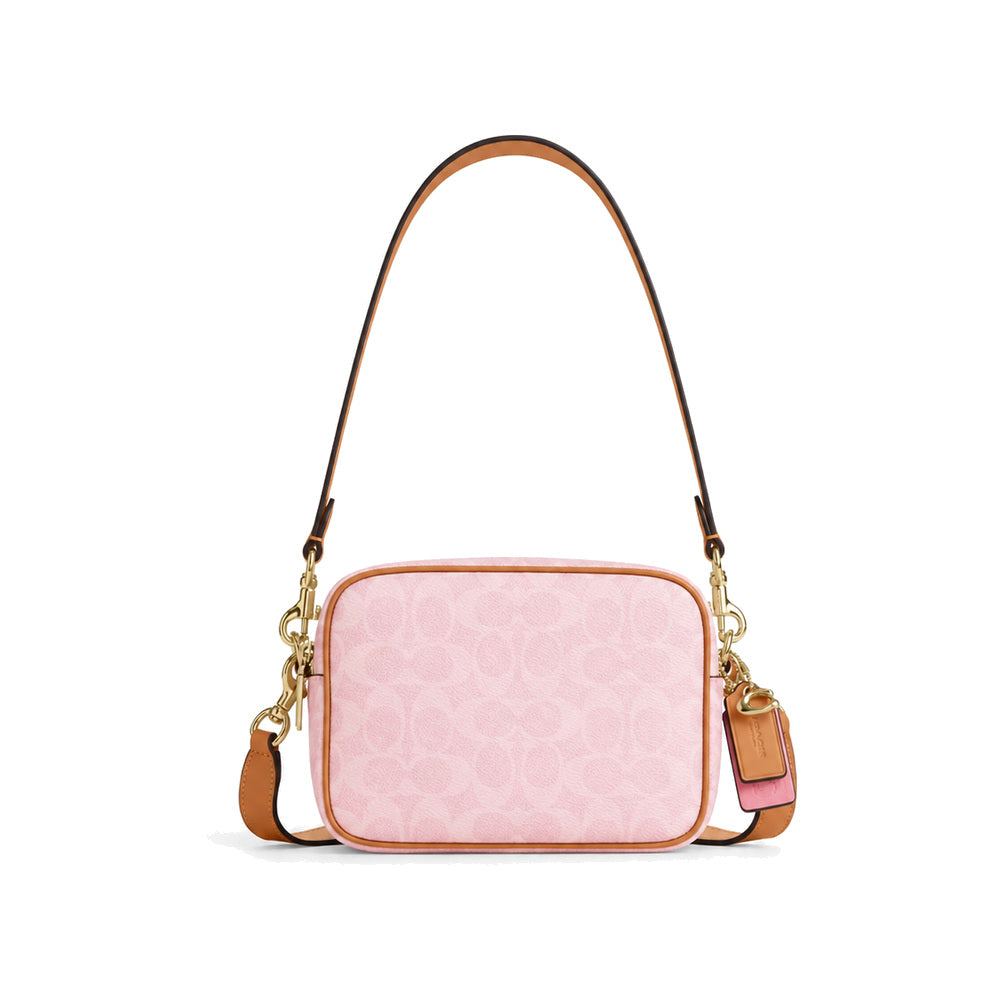 Coach Mini Jamie Camera Bag in Baby Pink Signature Canvas with Tan Trim