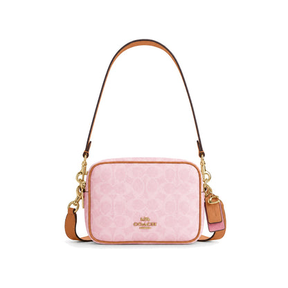 Coach Mini Jamie Camera Bag in Baby Pink Signature Canvas with Tan Trim