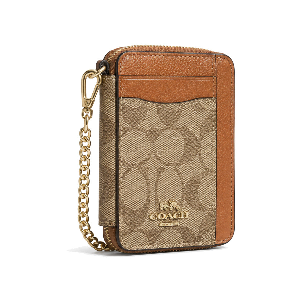 Coach Zip Card Case in Tan Signature Canvas with Saddle Brown Trim