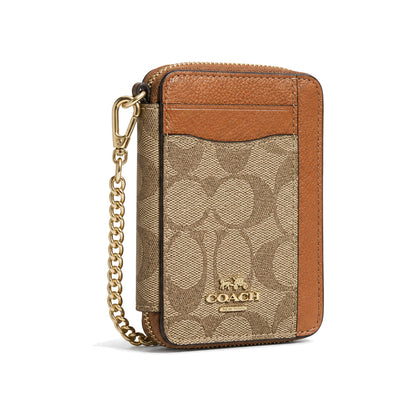 Coach Zip Card Case in Tan Signature Canvas with Saddle Brown Trim
