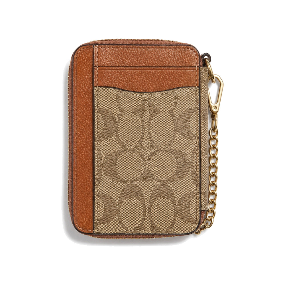 Coach Zip Card Case in Tan Signature Canvas with Saddle Brown Trim