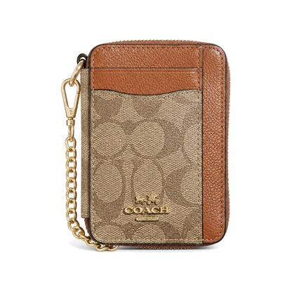 Coach Zip Card Case in Tan Signature Canvas with Saddle Brown Trim