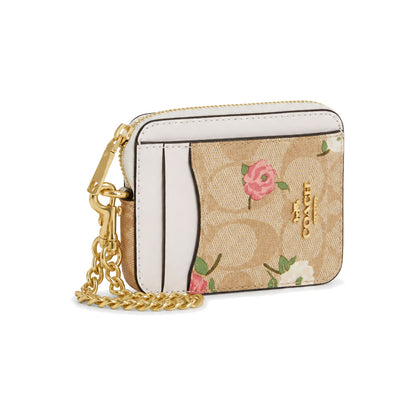 Coach Zip Card Case in Tan Signature Canvas with Floral Print