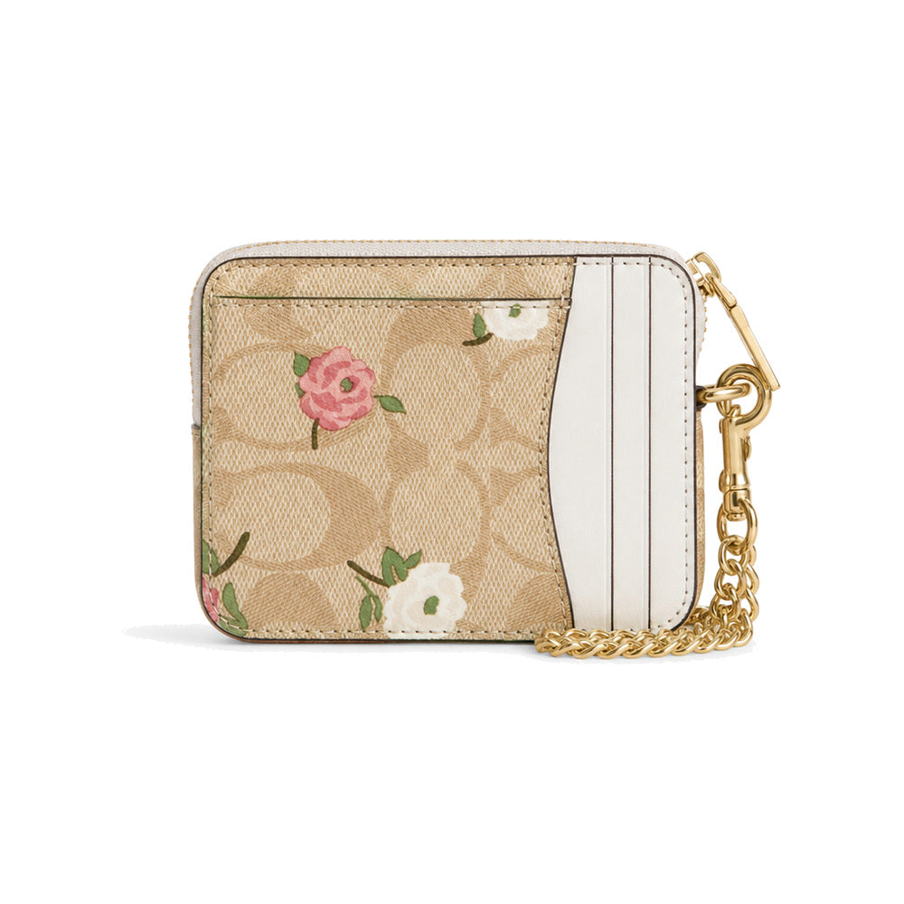 Coach Zip Card Case in Tan Signature Canvas with Floral Print