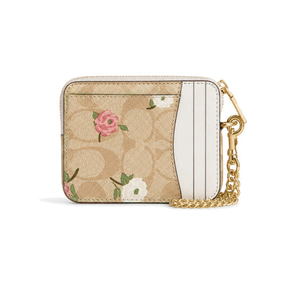 Coach Zip Card Case in Tan Signature Canvas with Floral Print