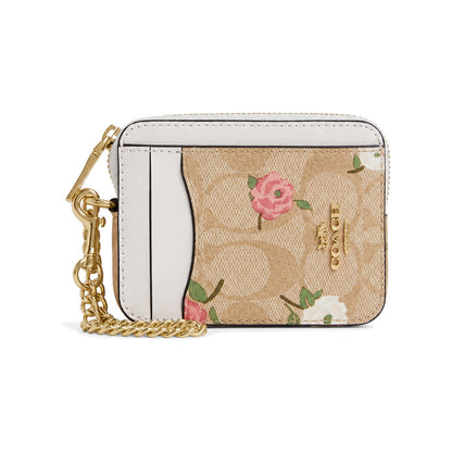 Coach Zip Card Case in Tan Signature Canvas with Floral Print