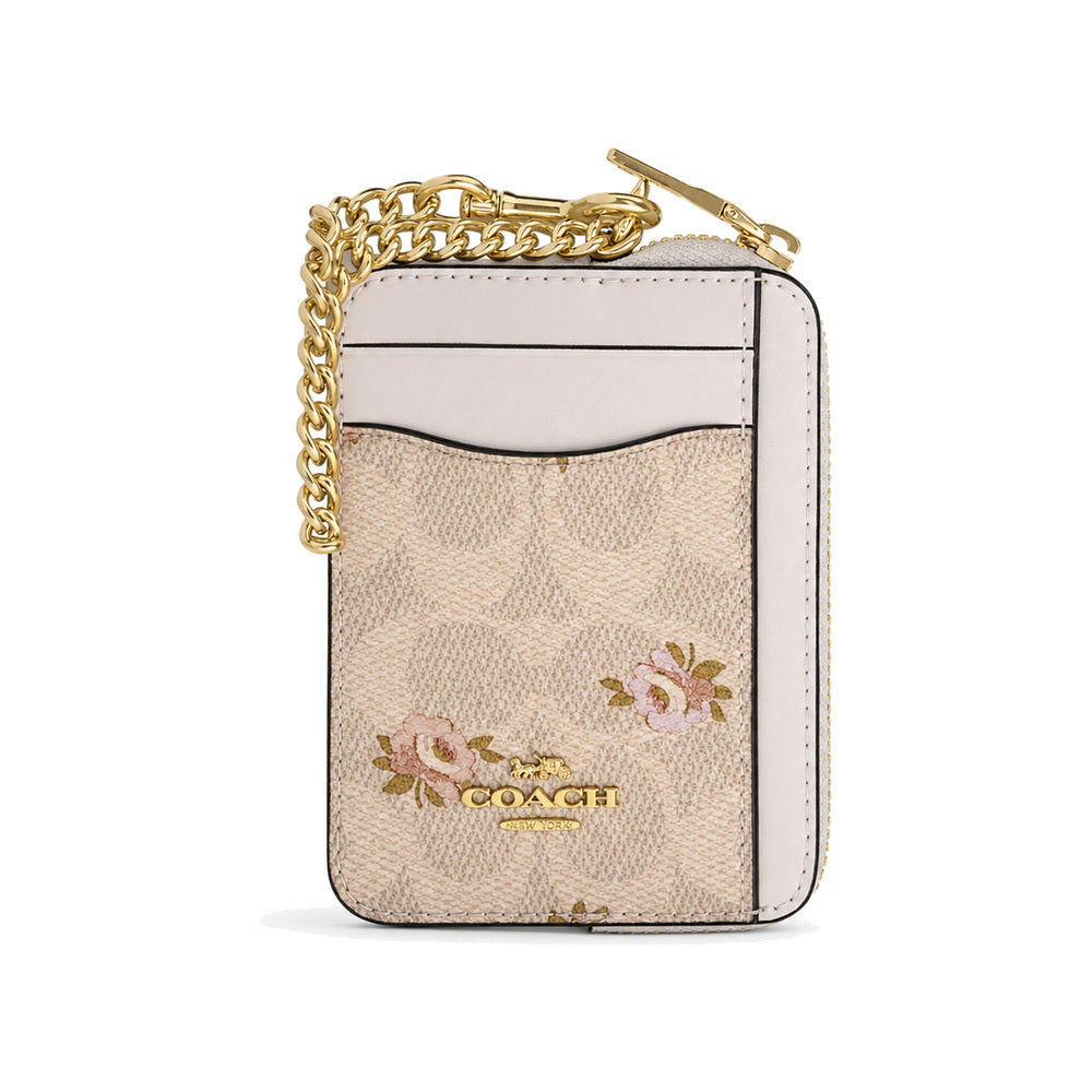 Coach Zip Card Case in Blush Signature Canvas with Floral Print