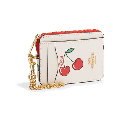 Coach Zip Card Case with Cherry Print in Chalk White