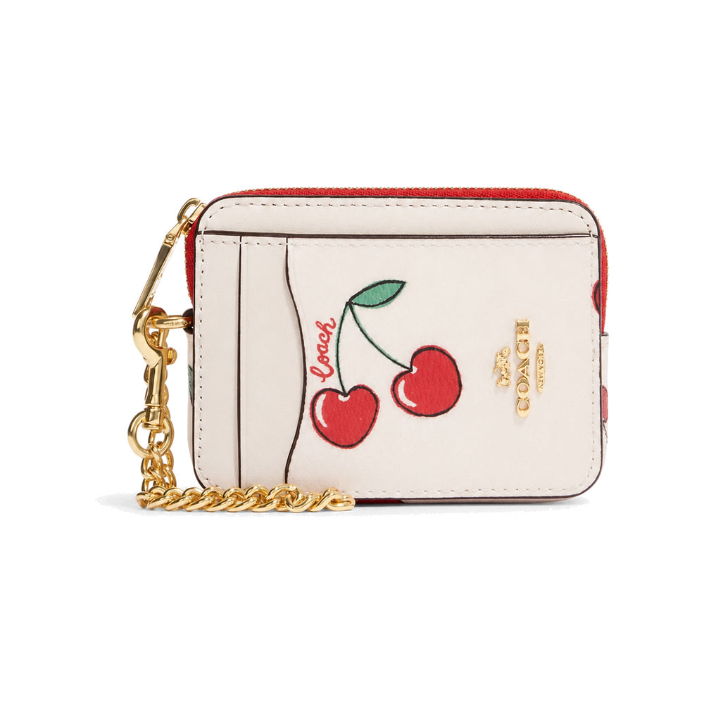 Coach Zip Card Case with Cherry Print in Chalk White
