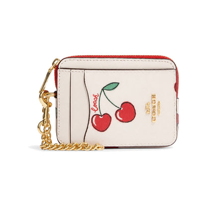 Coach Zip Card Case with Cherry Print in Chalk White