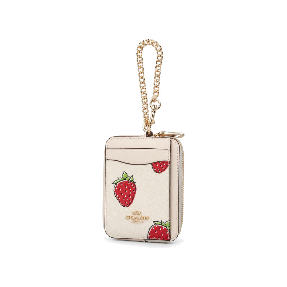 Coach Zip Card Case with Strawberry Print in Chalk White