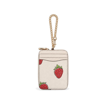 Coach Zip Card Case with Strawberry Print in Chalk White