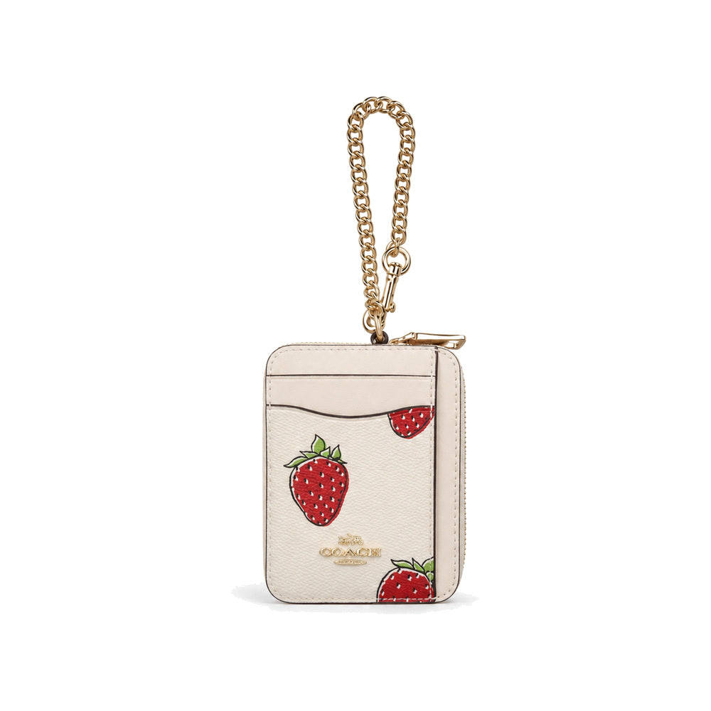 Coach Zip Card Case with Strawberry Print in Chalk White