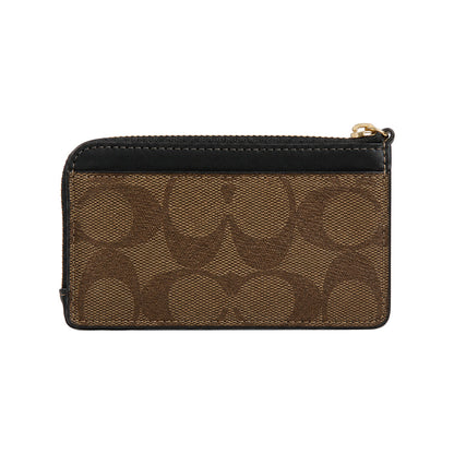 Coach Zip Card Case in Dark Brown Signature Canvas With Black Top Trim