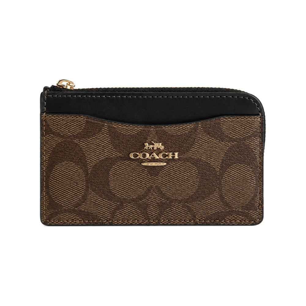 Coach Zip Card Case in Dark Brown Signature Canvas With Black Top Trim