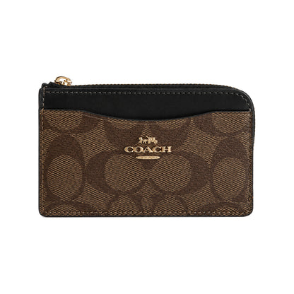 Coach Zip Card Case in Dark Brown Signature Canvas With Black Top Trim