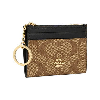 Coach Key-Ring Card Case in Tan Signature Canvas With Black Top Panel