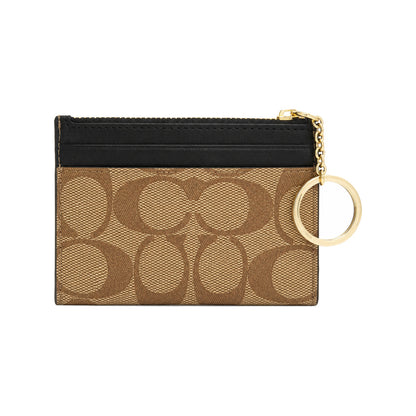 Coach Key-Ring Card Case in Tan Signature Canvas With Black Top Panel