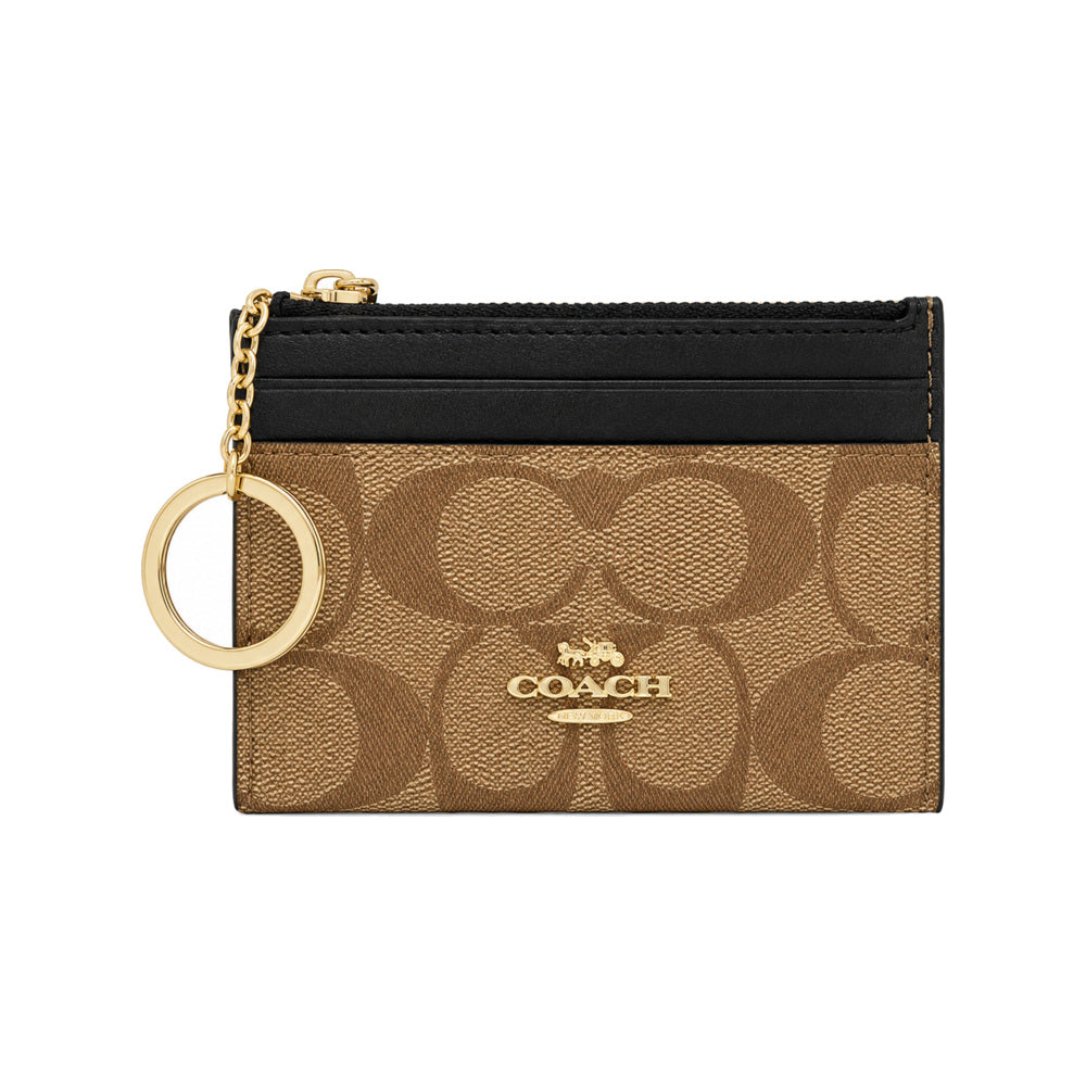 Coach Key-Ring Card Case in Tan Signature Canvas With Black Top Panel