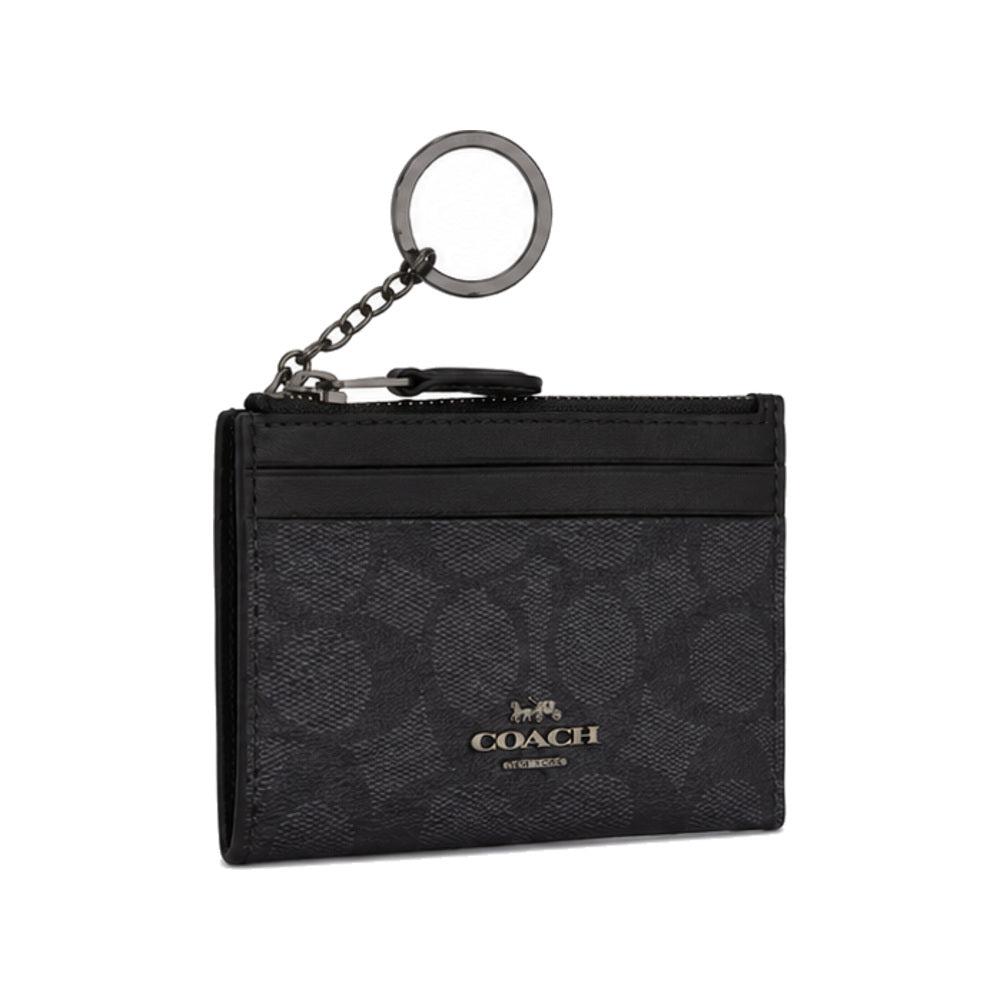Coach Mini Zip Key-Ring Card Case in Black-on-Black Signature Canvas