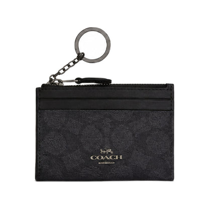 Coach Mini Zip Key-Ring Card Case in Black-on-Black Signature Canvas