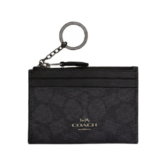 Coach Mini Zip Key-Ring Card Case in Black-on-Black Signature Canvas