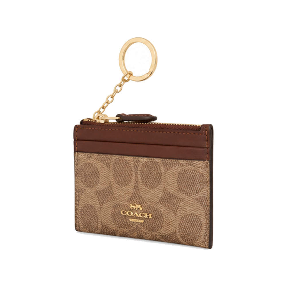 Coach Mini Zip Key-Ring Card Case in Tan Signature Canvas With Burgundy Trim
