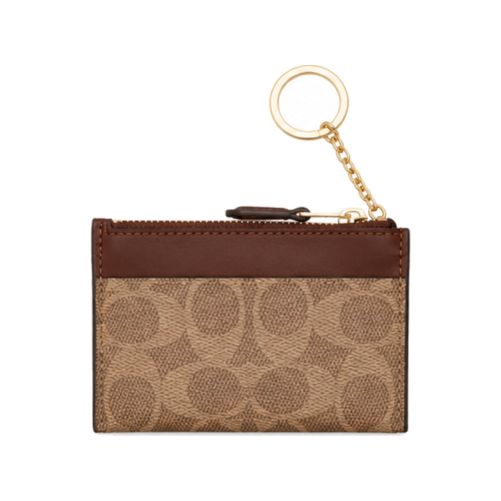 Coach Mini Zip Key-Ring Card Case in Tan Signature Canvas With Burgundy Trim
