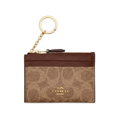 Coach Mini Zip Key-Ring Card Case in Tan Signature Canvas With Burgundy Trim