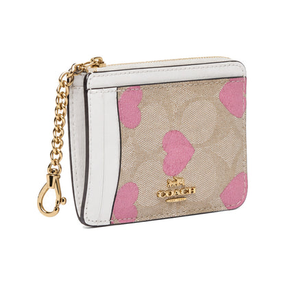 Coach Chain Zip Card Case in Light Signature Canvas with Pink Hearts & White Trim