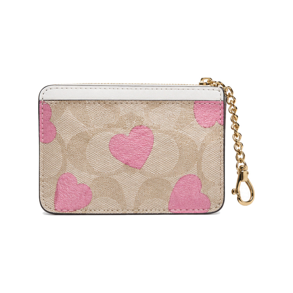 Coach Chain Zip Card Case in Light Signature Canvas with Pink Hearts & White Trim