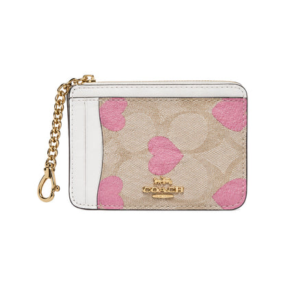 Coach Chain Zip Card Case in Light Signature Canvas with Pink Hearts & White Trim