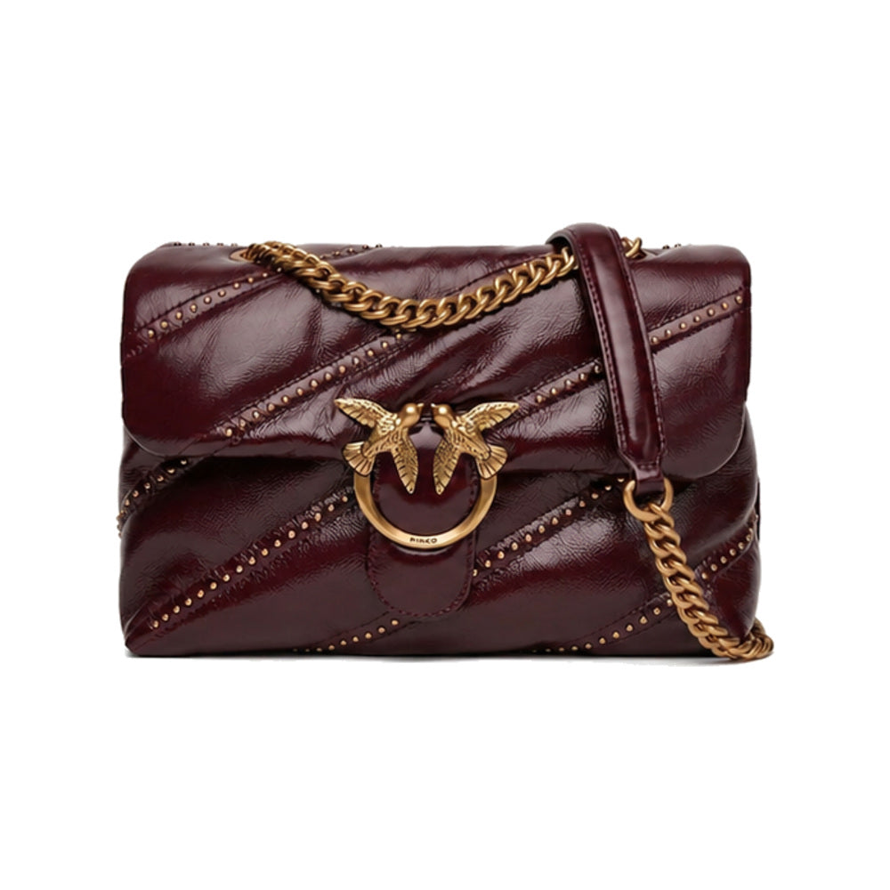 PINKO Love Puff Classic Shoulder Bag in Burgundy Diagonal Quilt with Micro-Studs