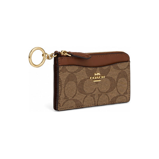Coach Zip Card Case in Tan Signature Canvas With Saddle-Brown Trim