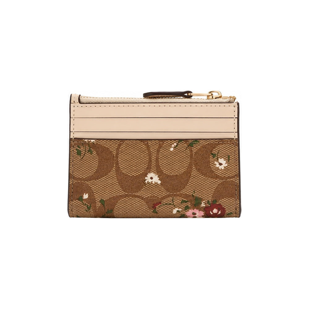 Coach Zip Card Case in Tan Signature Canvas With Floral Print