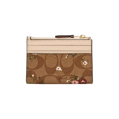 Coach Zip Card Case in Tan Signature Canvas With Floral Print