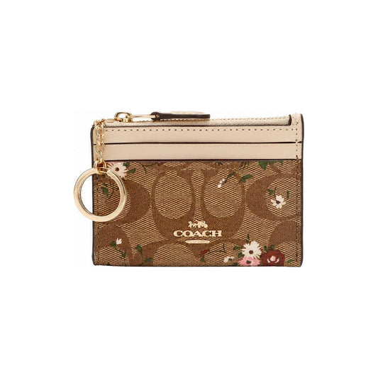 Coach Zip Card Case in Tan Signature Canvas With Floral Print