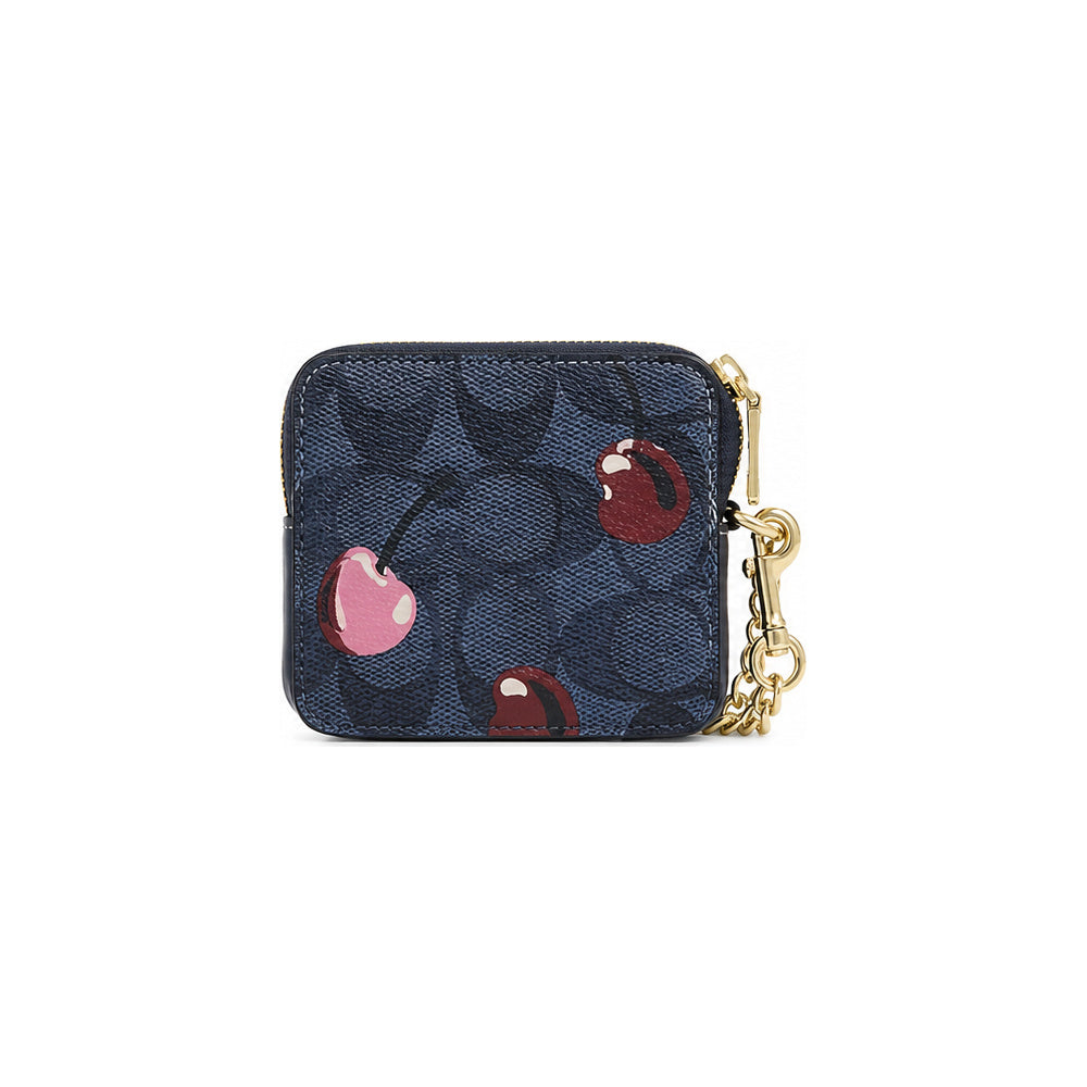 Coach Zip Card Case With Chain in Navy With Cherry Print