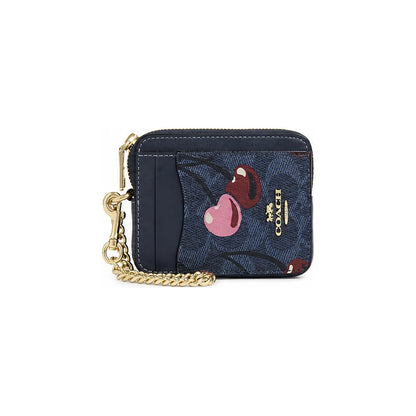 Coach Zip Card Case With Chain in Navy With Cherry Print
