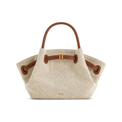 JW PEI Hana Mini Faux Straw Tote Bag in Beige & Brown Canvas