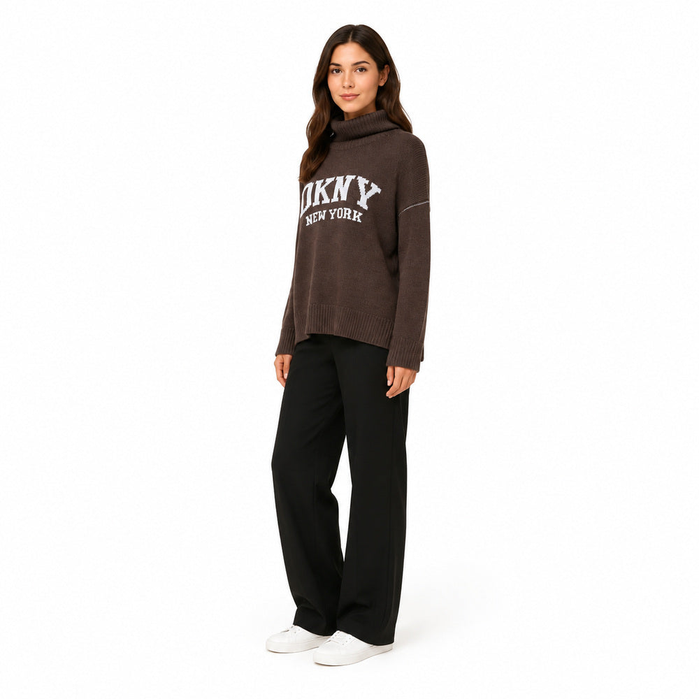 DKNY Jeans Intarsia Logo Mock-Neck Sweater in Brown