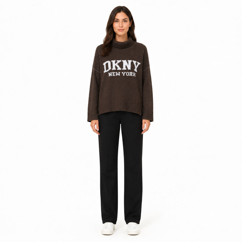 DKNY Jeans Intarsia Logo Mock-Neck Sweater in Brown
