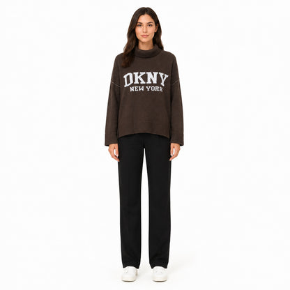 DKNY Jeans Intarsia Logo Mock-Neck Sweater in Brown